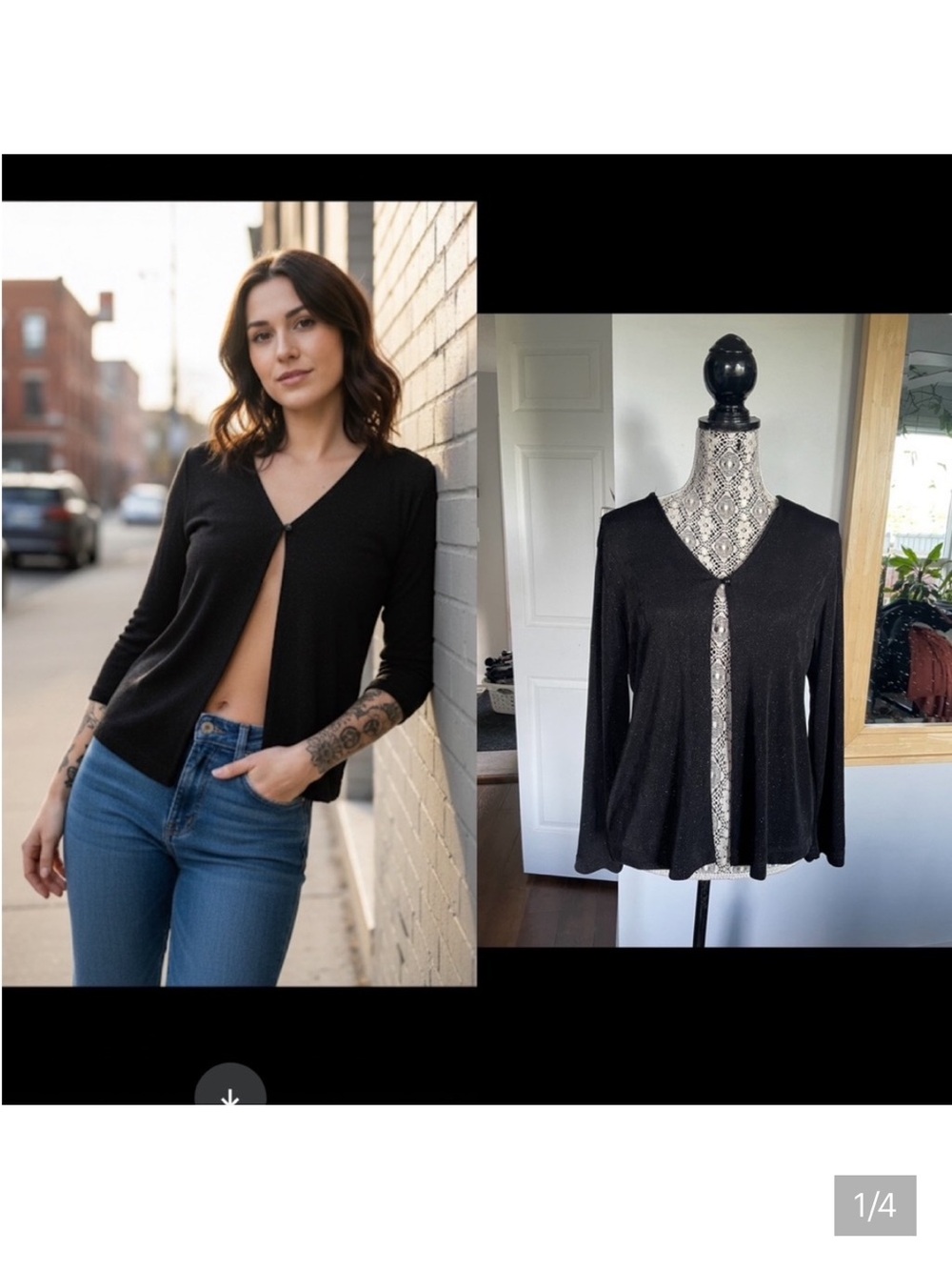 Vintage Canada Made Stretchy Sparkly Black One Button Cardigan Shirt Top. Medium
